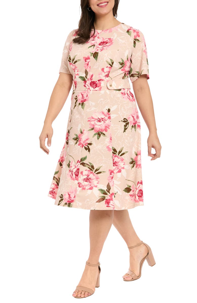 London Times Floral Tab Waist Midi Dress, Alternate, color, Sand/ Rose
