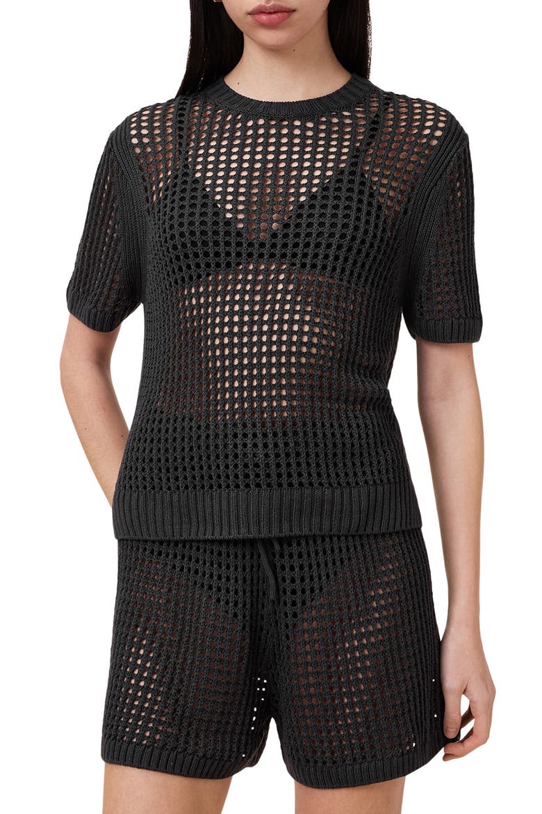 Paloma Open Stitch Short Sleeve Sweater, Main, color, CHARCOAL GREY