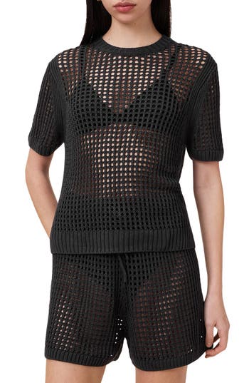 Allsaints Paloma Open Stitch Short Sleeve Sweater In Gray