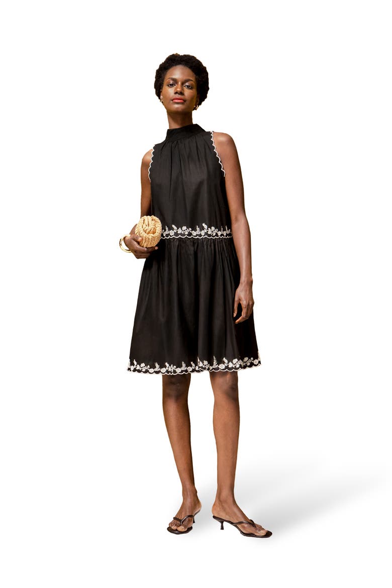Embroidered Scallop Short Dress, Main, color, Black