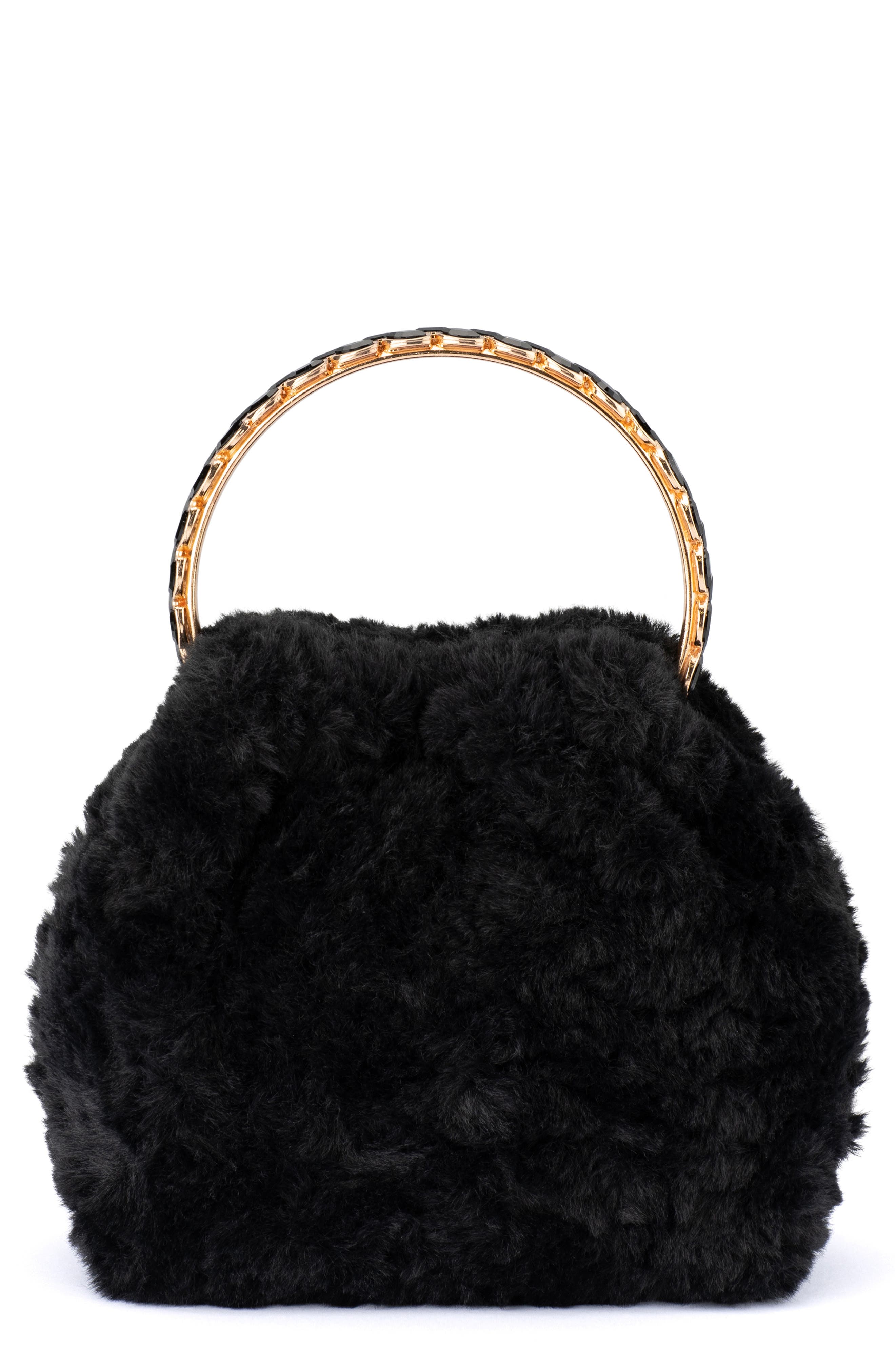 Olga Berg Phillipa Faux Fur Top Handle Bag, Main, color, Black