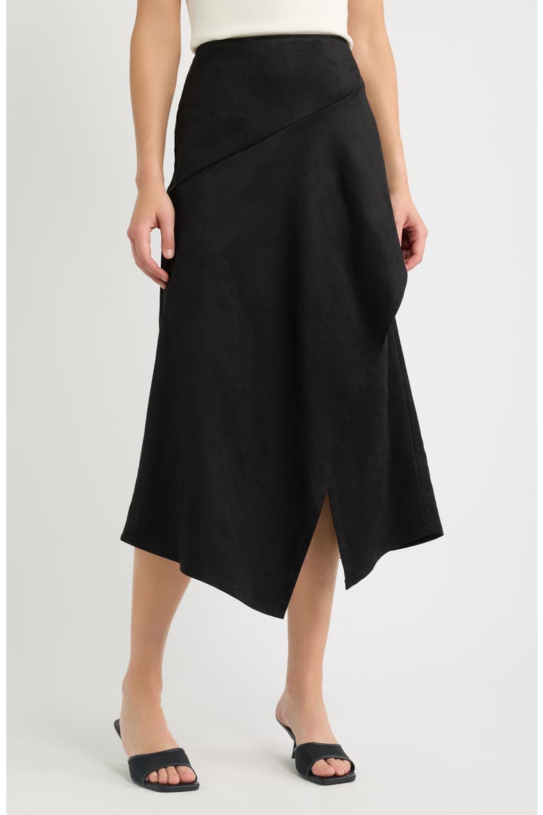 Faux Suede Asymmetric Midi Dress, Main, color, BLACK
