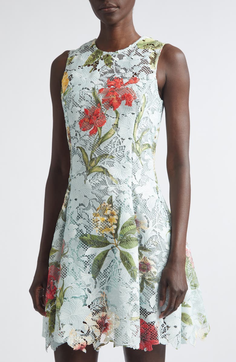 Oscar de la Renta Floral Print Guipure Lace Dress, Alternate, color, Saltwater Multi