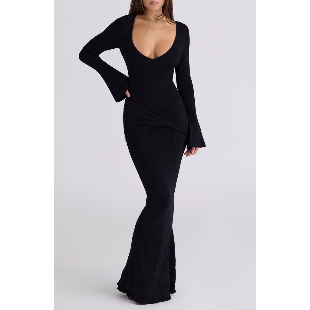 House Of Cb Mila Long Sleeve Rib Maxi Dress In Black