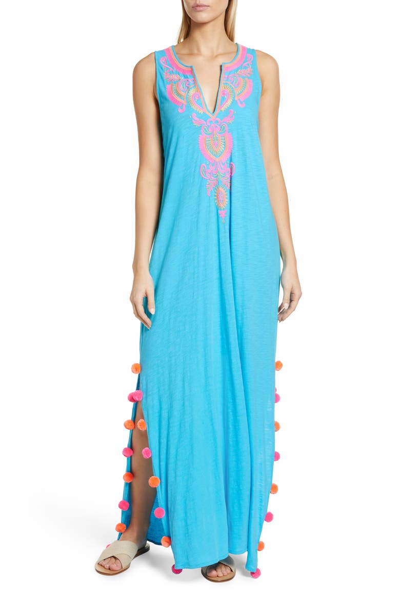 Nolia Embroidered Pompom Cotton Cover-Up Dress, Main, color, TURQUOISE OASIS