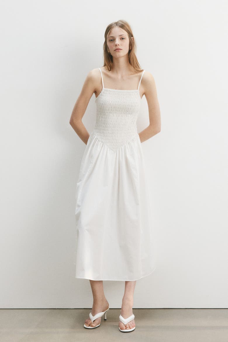 Smocked Flared-skirt Dress, Alternate, color, White