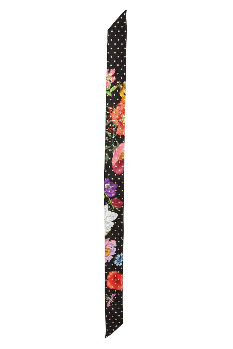 Goldy Floral & Star Print Silk Skinny Scarf, Main, color, BLACK