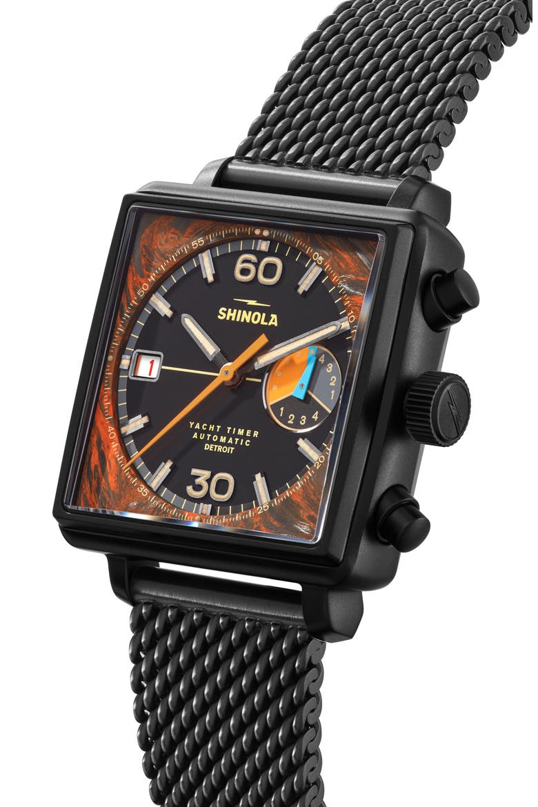 Mackinac Automatic Yacht Timer Mesh Strap Watch, 40mm, Alternate, color, BLACK / ORANGE