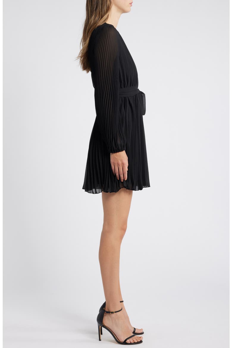 Tie Belt Long Sleeve Plissé Minidress, Alternate, color, BLACK