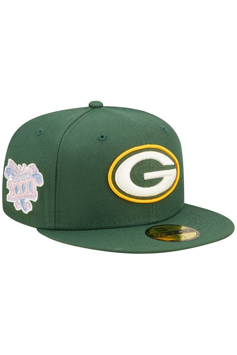 Men's New Era Green Green Bay Packers Super Bowl XXXI Purple Pop Sweat 59FIFTY Fitted Hat, Main, color, Green