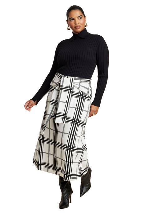 Plaid Midi Sweater Skirt With Sleeve Ties (Plus)