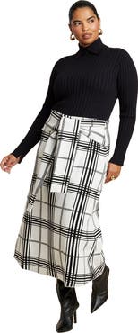 ELOQUII Plaid Midi Sweater Skirt With Sleeve Ties