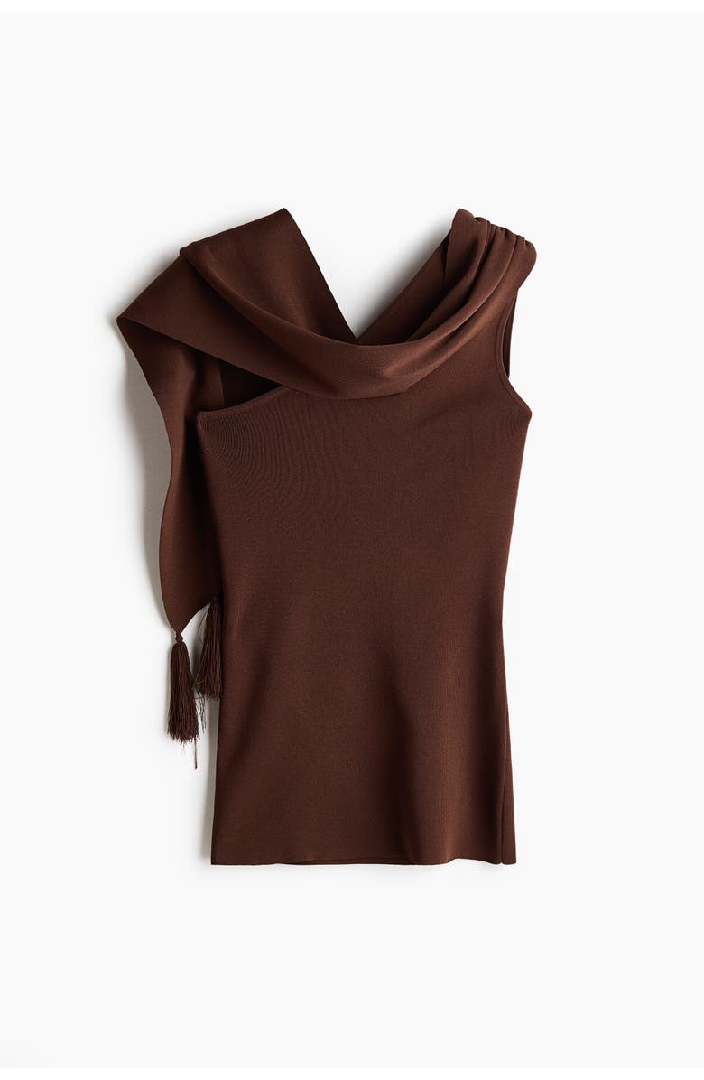 H&M One-shoulder Scarf-detail Knitted Top, Main, color, Dark Brown