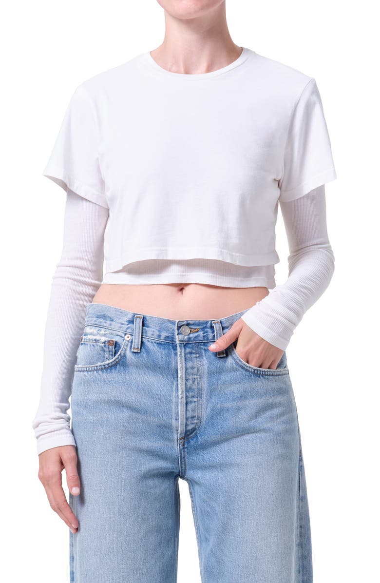 AGOLDE Romily Layered Long Sleeve Crop Top, Main, color, White Ash White