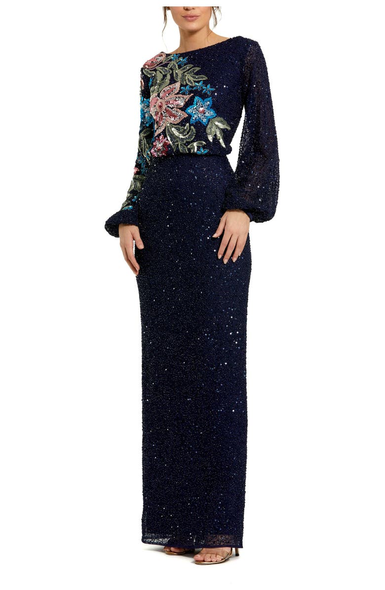 Mac Duggal Embellished Multi Color Floral High Neck Gown, Main, color, Midnight