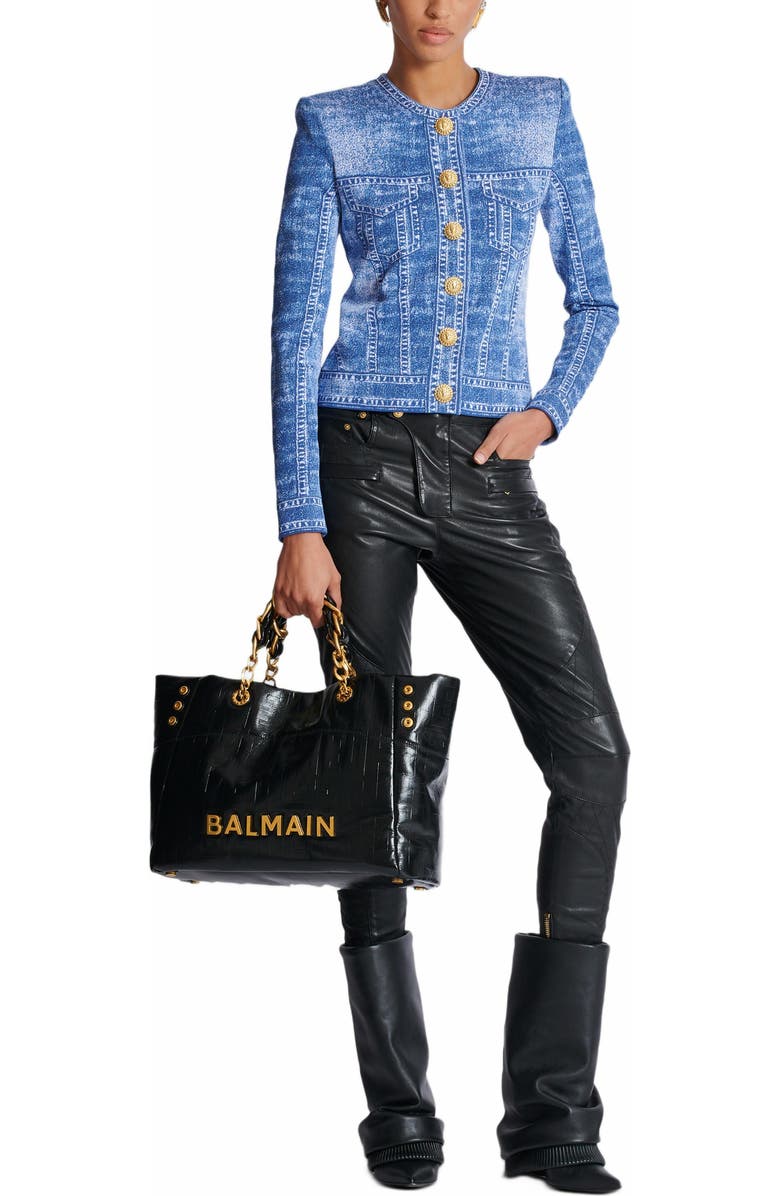 Balmain 1945 Soft Pb-Monogrammed Crinkled Leather Tote Bag, Alternate, color, Black