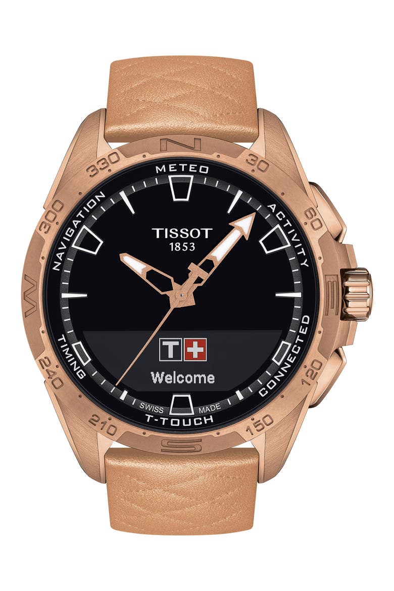 T-Touch Connect Solar Smart Leather Strap Watch, 47.5mm, Main, color, ROSE GOLD