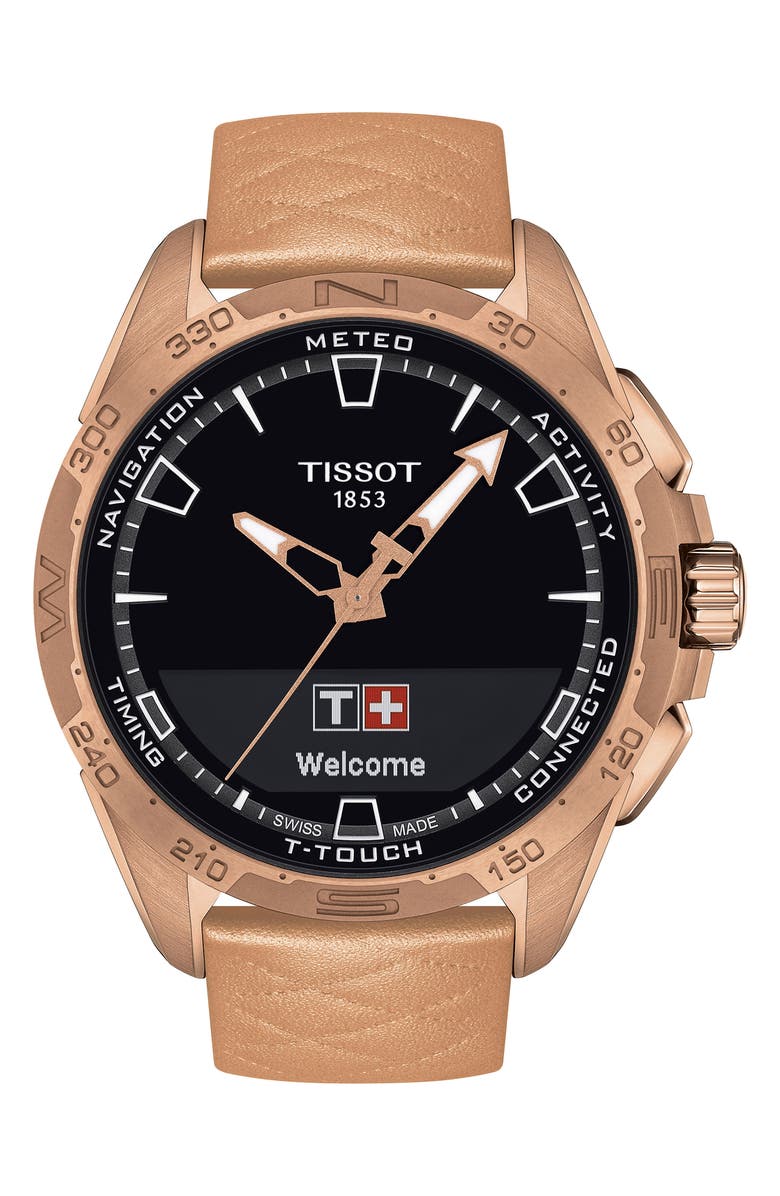 Tissot T-Touch Connect Solar Smart Leather Strap Watch, 47.5mm, Main, color, Rose Gold