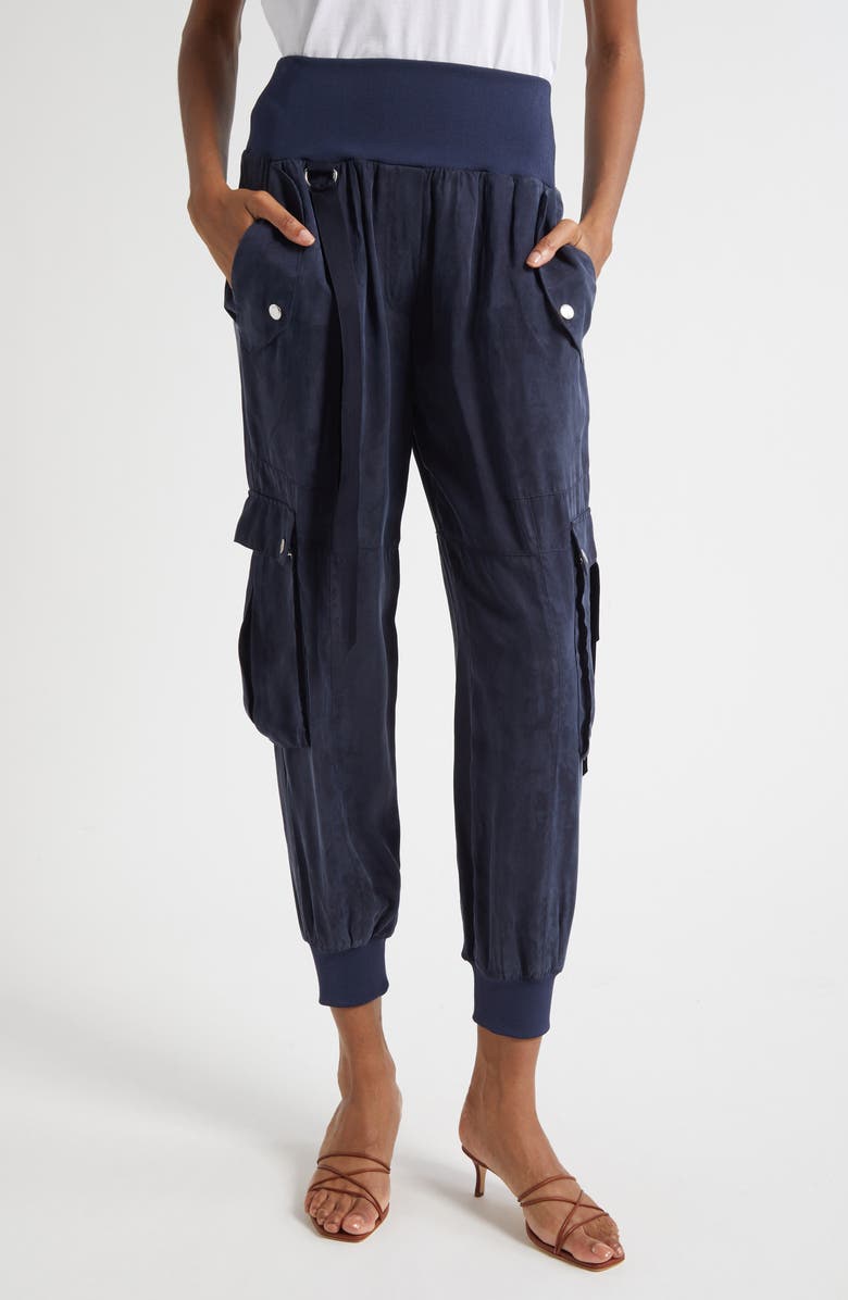Cinq à Sept Harmony Washed Satin Twill Cargo Parachute Pants, Main, color, Navy