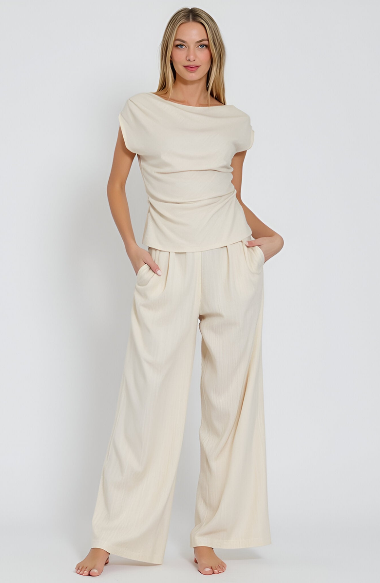 Modenaire Draped Short Sleeve Top and Wide Leg Pants Lounge Set, Main, color, 