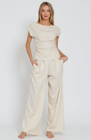 Modenaire Draped Short Sleeve Top and Wide Leg Pants Lounge Set
