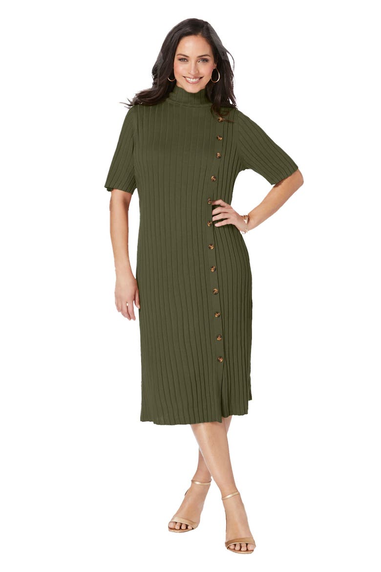 Button Front Sweater Dress, Main, color, DARK OLIVE GREEN