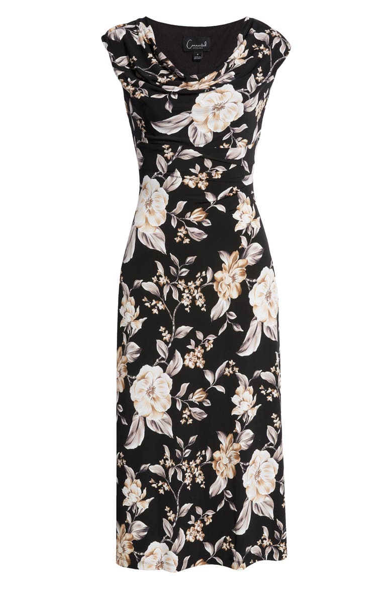 Floral Print Cowl Neck Midi Dress, Alternate, color, BLACK FLORAL