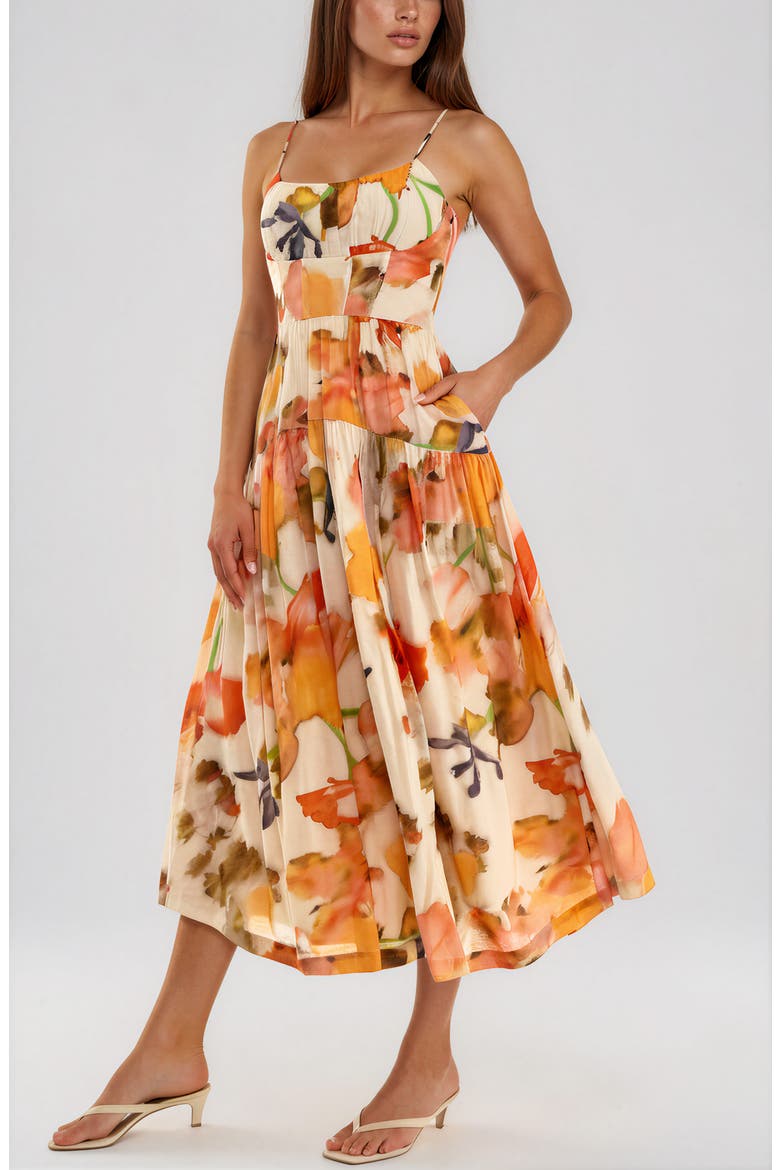 Floral Ruched Bodice Midi Dress, Alternate, color, CREAM/ ORANGE