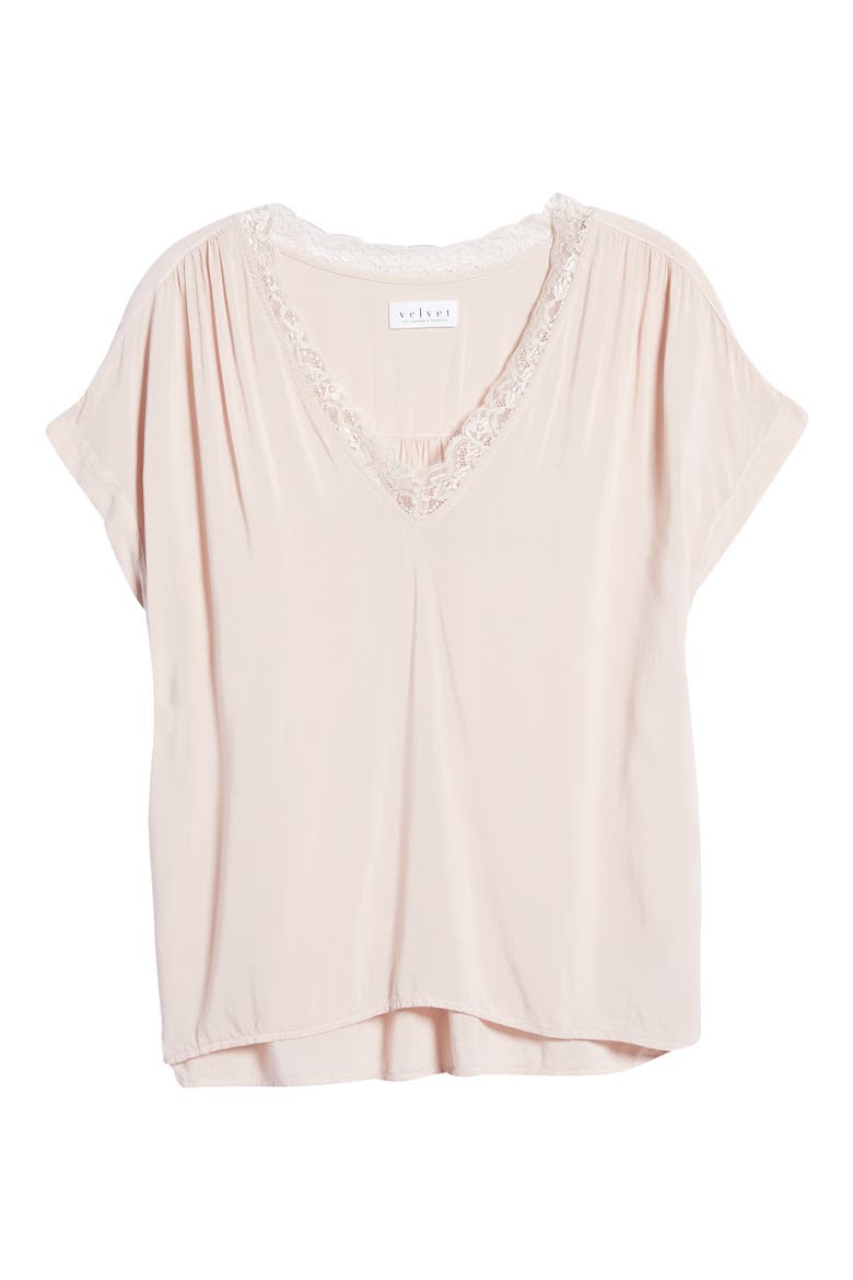Lace Trim Short Sleeve Blouse, Alternate, color, PETAL