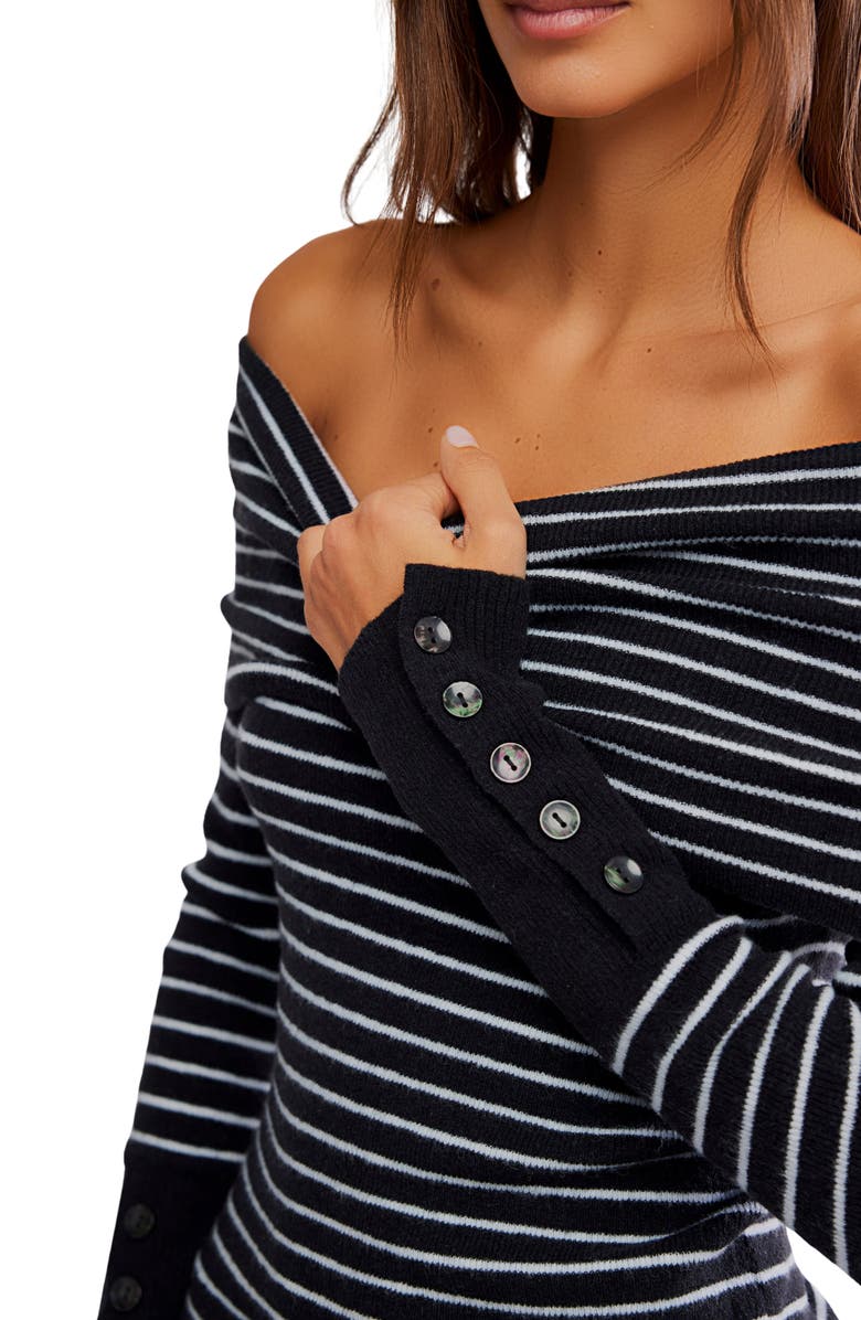 Free People Evergreen Off the Shoulder Sweater, Alternate, color, Black/ White Combo