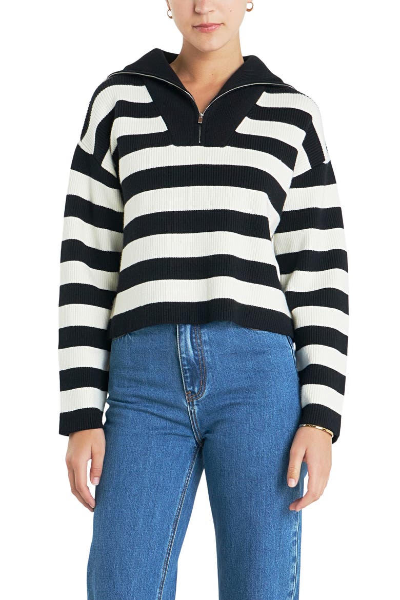 Stripe Half Zip Crop Sweater, Alternate, color, BLACK/ IVORY