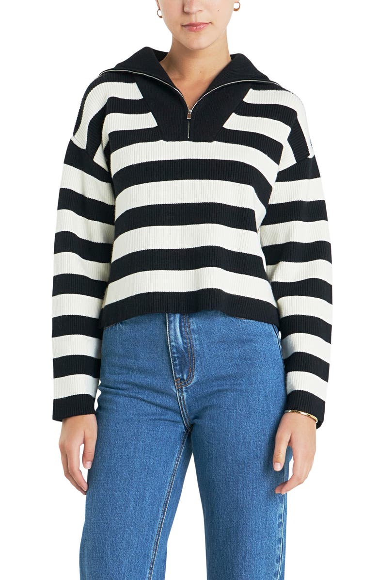 English Factory Stripe Half Zip Crop Sweater, Alternate, color, Black/ Ivory