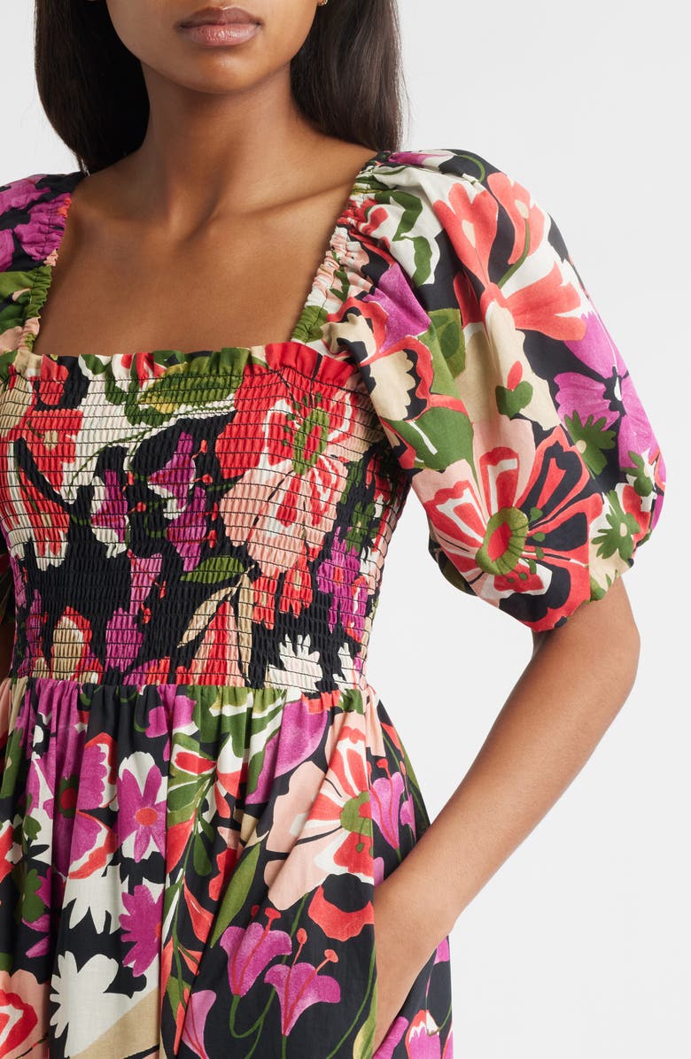 Anne Klein Puff Sleeve Smocked Bodice Cotton Sundress, Alternate, color, Anne Black Multi