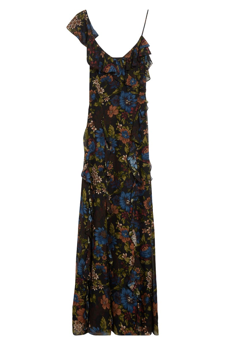 Veronica Beard Madeline Floral Print Ruffle Asymmetric Silk Gown, Alternate, color, Black Multi