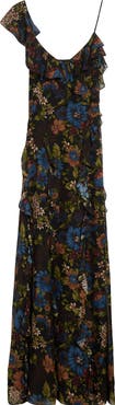 Veronica Beard Madeline Floral Print Ruffle Asymmetric Silk Gown