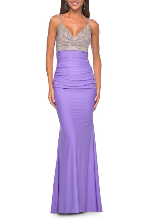 Neon Ruched Jersey Dress with Rhinestone Mesh Draped Top