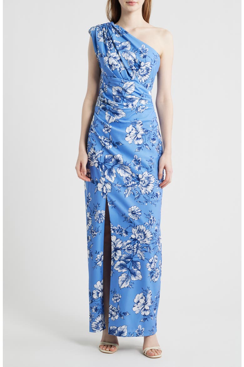 Toile One-Shoulder Scuba Crepe Column Gown, Main, color, BLUE