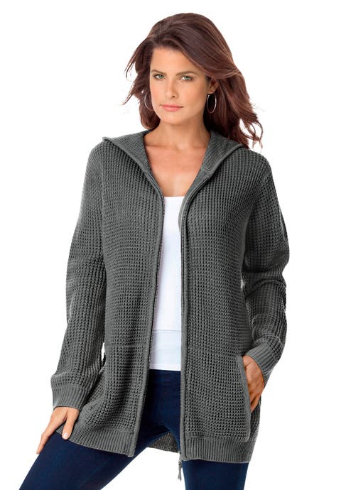 Plus Size Waffle Knit Zip-Front Relaxed Hoodie (Plus)