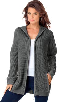 Roaman's Plus Size Waffle Knit Zip-Front Relaxed Hoodie