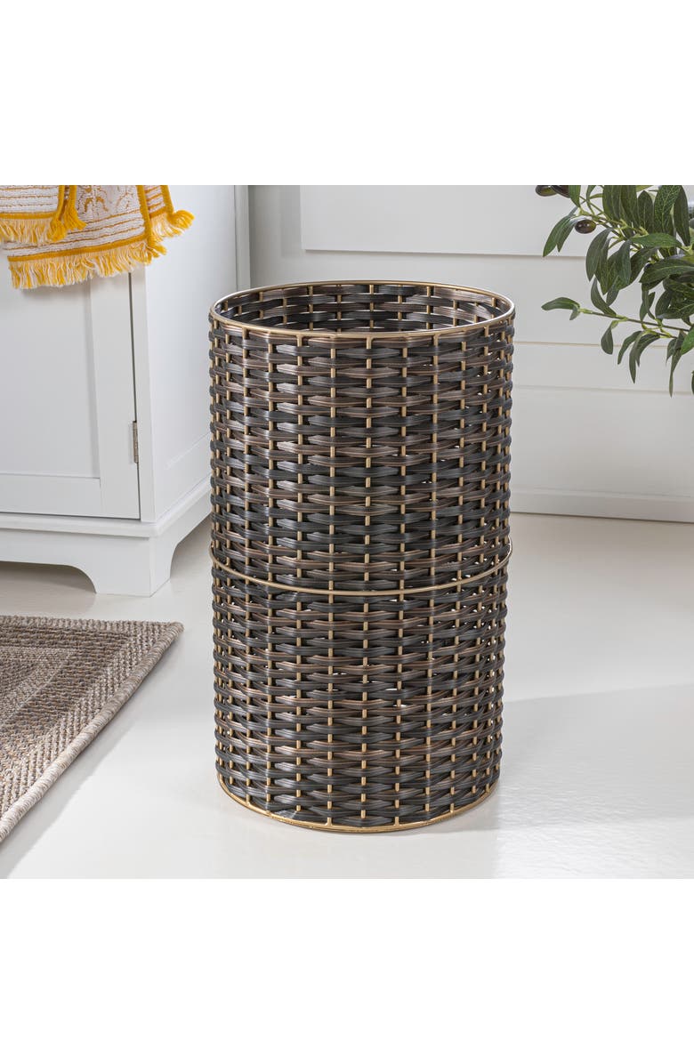 HAPPIMESS Cecil Modern Natural Wicker Cylinder Waste Basket, Alternate, color, Dark Bronze/Gold