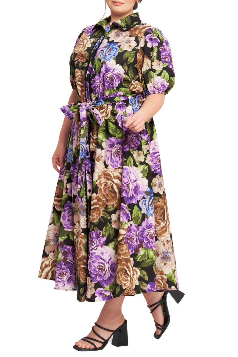 Floral Puff Sleeve Midi Shirtdress, Alternate, color, BLACK