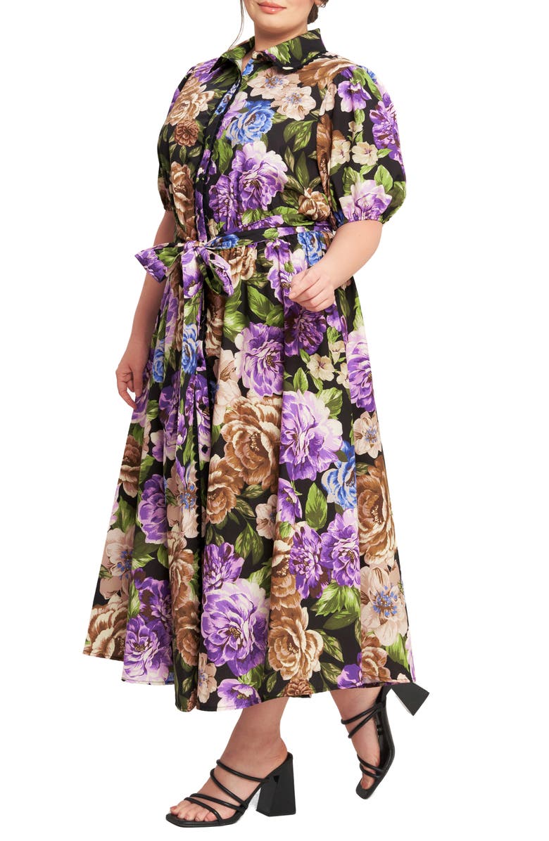 FLYING TOMATO Floral Puff Sleeve Midi Shirtdress, Alternate, color, Black
