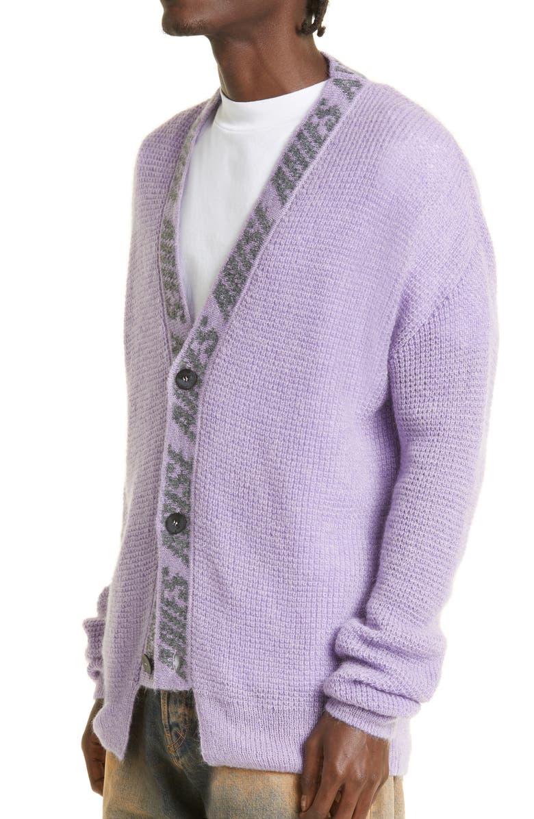 Aries Logo Jacquard Waffle Stitch V-Neck Cardigan, Alternate, color, 