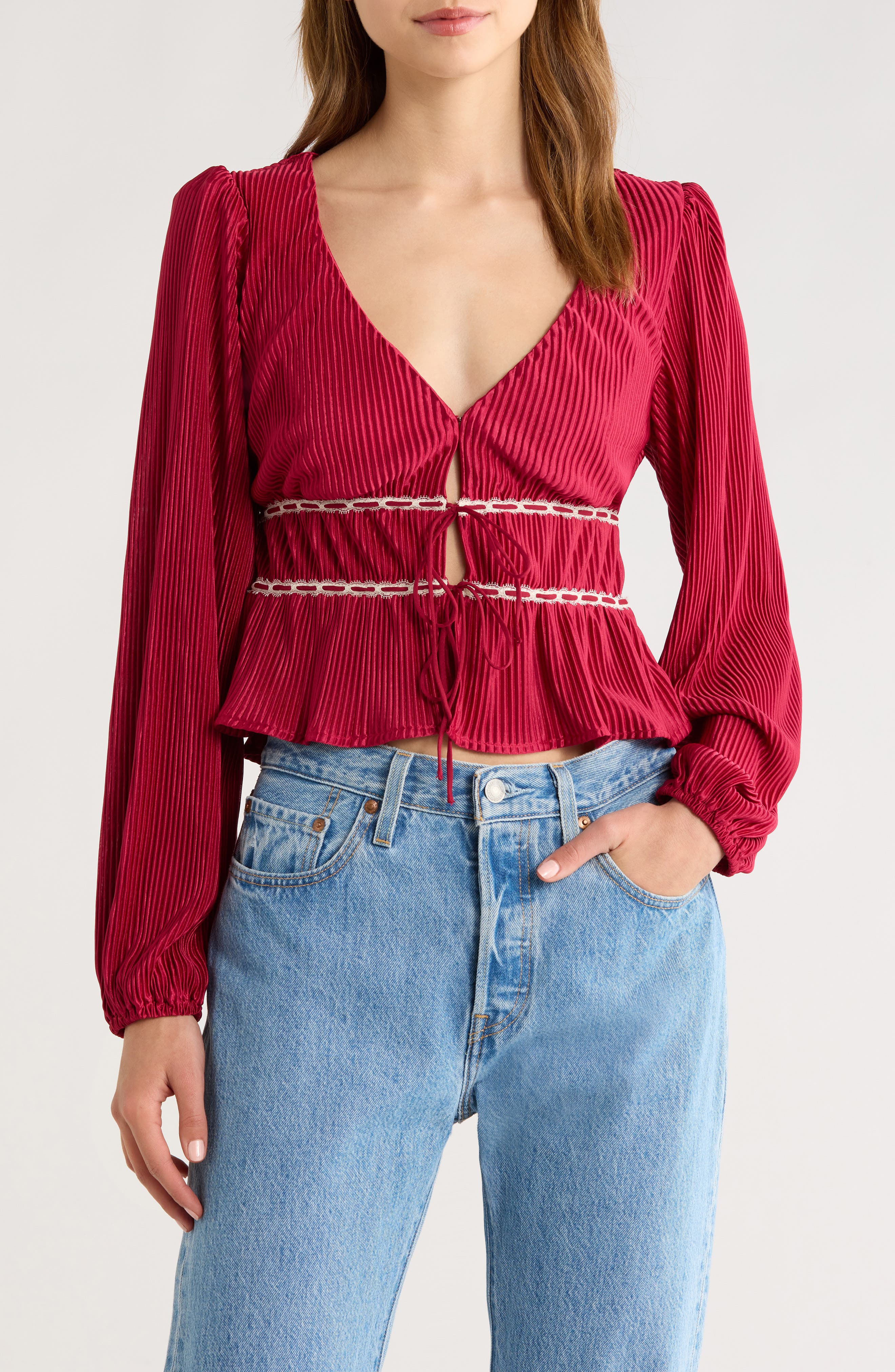 All in Favor Tie Front Satin Plissé Top