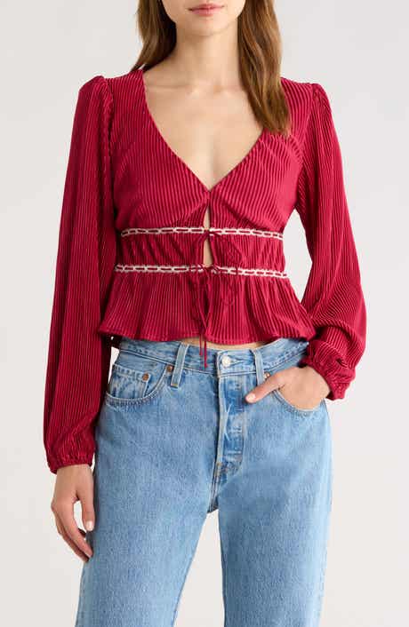 All in Favor Tie Front Satin Plissé Top