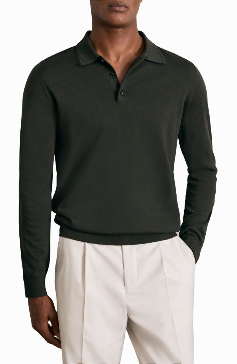 Reiss Trafford Long Sleeve Merino Wool Polo Sweater, Main, color, Dark Military