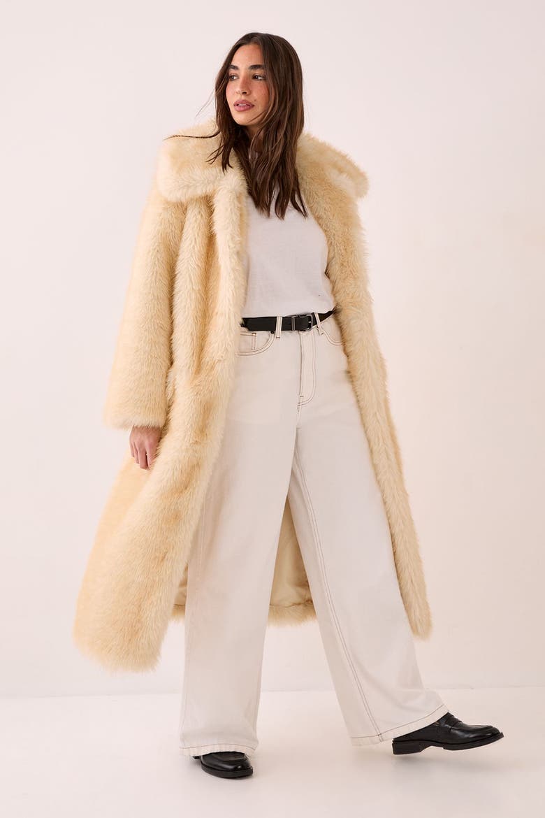 Belted Tipped Faux Fur Coat, Alternate, color, Lemon