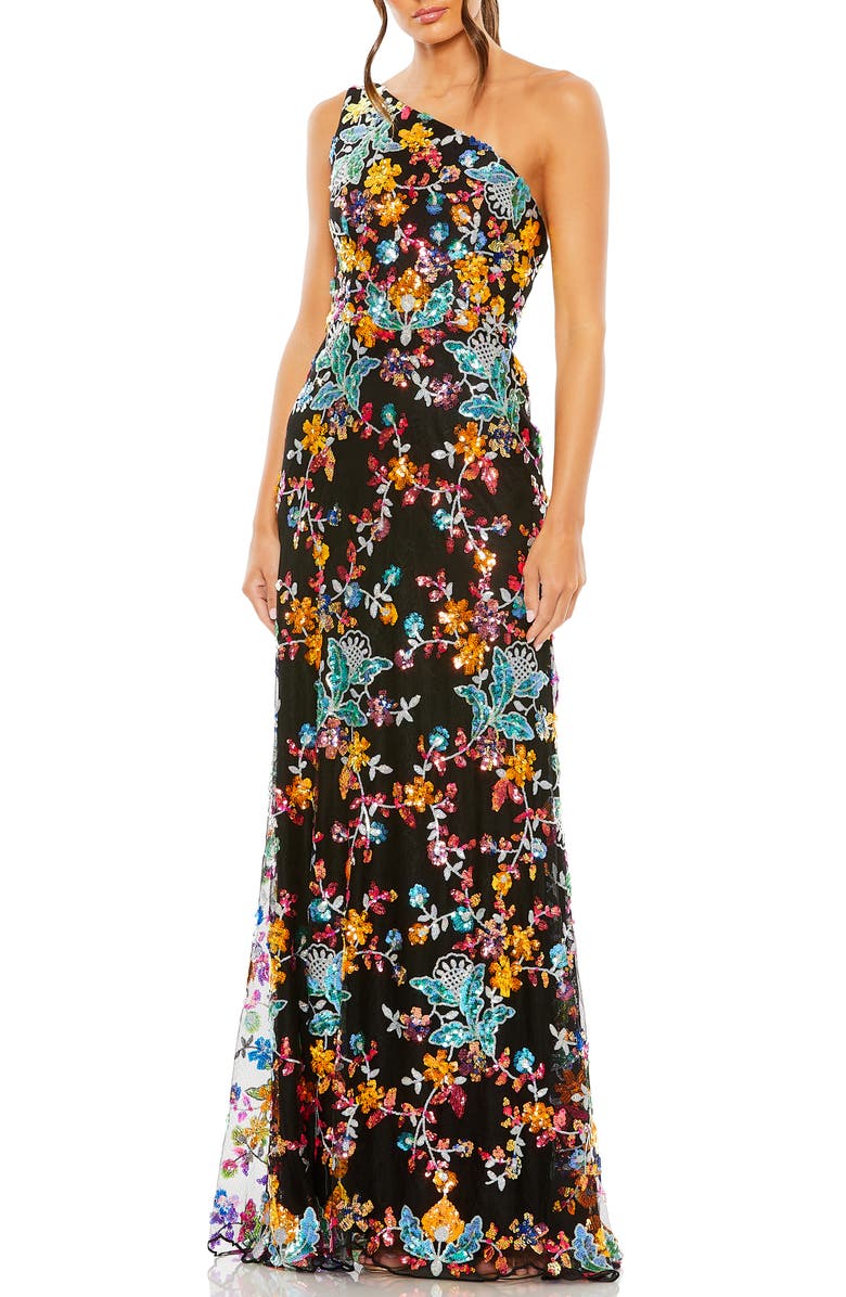 Mac Duggal One Shoulder Floral Sequin Lace Up Gown, Main, color, Black Multi