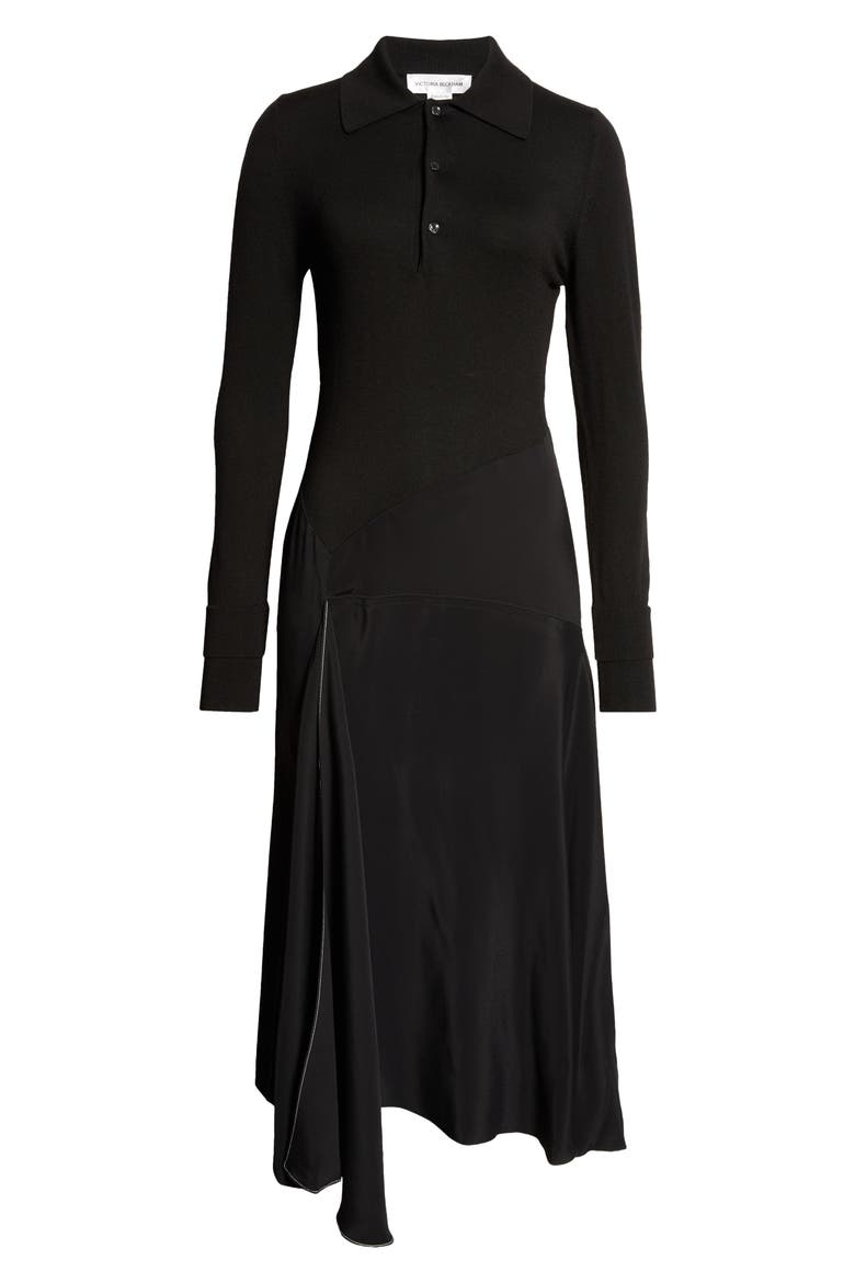 Long Sleeve Mixed Media Shirtdress, Alternate, color, BLACK / BLACK