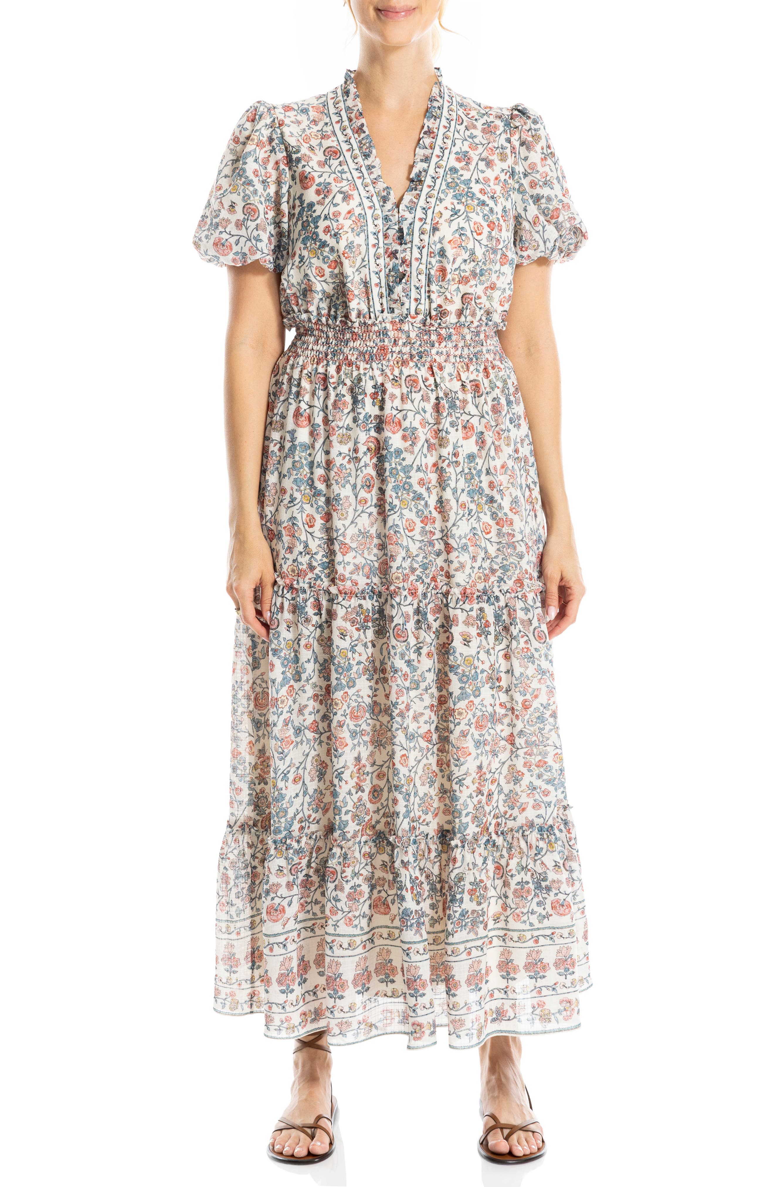 V-Neck Short Sleeve Tiered Maxi Dress